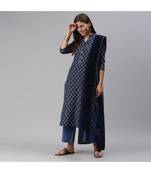 SheWill Blue Cotton Blend Printed Straight Dress Material With Net Dupatta