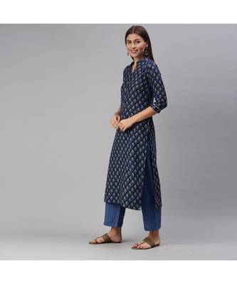 SheWill Blue Cotton Blend Printed Straight Dress Material With Net Dupatta 2