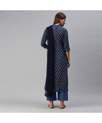 SheWill Blue Cotton Blend Printed Straight Dress Material With Net Dupatta 3