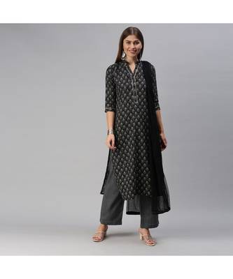 SheWill Grey Cotton Blend Printed Straight Dress Material With Net Dupatta 1