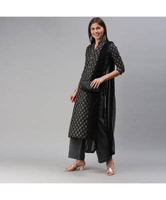 SheWill Grey Cotton Blend Printed Straight Dress Material With Net Dupatta 2
