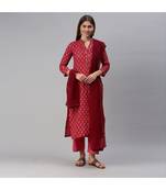 SheWill Pink Cotton Blend Printed Straight Dress Material With Net Dupatta
