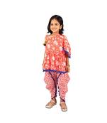 Floral One shoulder top with frill sleeves and dhoti pants with Contrast Pom Pom Lace Red