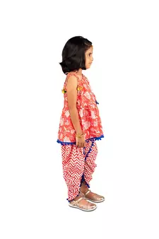 Floral One shoulder top with frill sleeves and dhoti pants with Contrast Pom Pom Lace Red