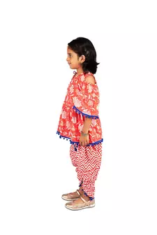 Floral One shoulder top with frill sleeves and dhoti pants with Contrast Pom Pom Lace Red