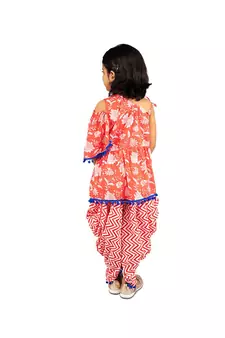 Floral One shoulder top with frill sleeves and dhoti pants with Contrast Pom Pom Lace Red
