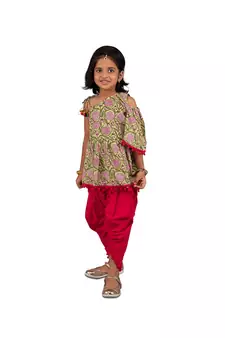 Floral One shoulder top with frill sleeves and dhoti pants with Contrast Pom Pom Lace Green