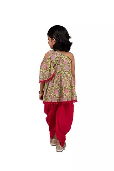 Floral One shoulder top with frill sleeves and dhoti pants with Contrast Pom Pom Lace Green