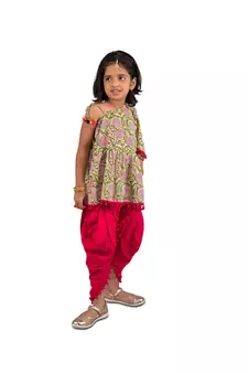 Floral One shoulder top with frill sleeves and dhoti pants with Contrast Pom Pom Lace Green