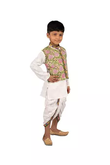 Kurta with attached floral Jacket and dhoti with a beautiful mirror work lace Green