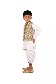 Kurta with attached floral Jacket and dhoti with a beautiful mirror work lace Green