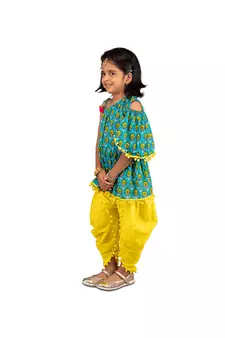Floral One shoulder top with frill sleeves and dhoti pants with Contrast Pom Pom Lace Dark Green