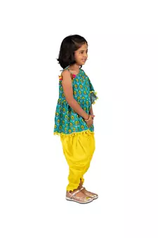 Floral One shoulder top with frill sleeves and dhoti pants with Contrast Pom Pom Lace Dark Green