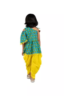Floral One shoulder top with frill sleeves and dhoti pants with Contrast Pom Pom Lace Dark Green