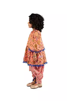 Floral One shoulder top with frill sleeves and  dhoti pants with Contrast Pom Pom Lace Peach