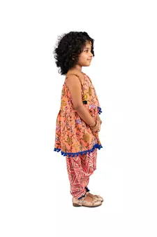 Floral One shoulder top with frill sleeves and  dhoti pants with Contrast Pom Pom Lace Peach