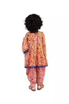 Floral One shoulder top with frill sleeves and  dhoti pants with Contrast Pom Pom Lace Peach