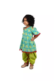 Paisley One shoulder top with frill sleeves and  dhoti pants with Contrast Pom Pom Lace  Blue