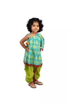 Paisley One shoulder top with frill sleeves and  dhoti pants with Contrast Pom Pom Lace  Blue