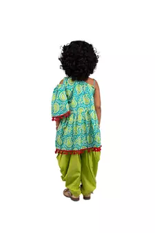 Paisley One shoulder top with frill sleeves and  dhoti pants with Contrast Pom Pom Lace  Blue