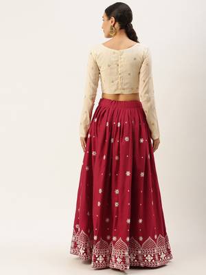 Maroon & Beige Thread Work Semi-Stitched Lehenga Set 2