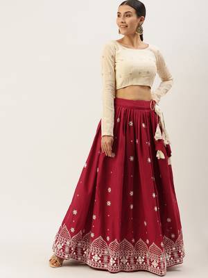 Maroon & Beige Thread Work Semi-Stitched Lehenga Set 3