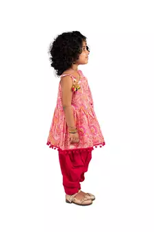 floral One shoulder top with frill sleeves and  dhoti pants with Contrast Pom Pom Lace  Pink