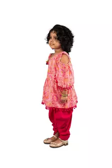 floral One shoulder top with frill sleeves and  dhoti pants with Contrast Pom Pom Lace  Pink