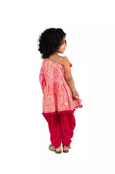 floral One shoulder top with frill sleeves and  dhoti pants with Contrast Pom Pom Lace  Pink