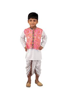 Kurta with attached Floral Jacket and white dhoti with a beautiful mirror work lace  Pink