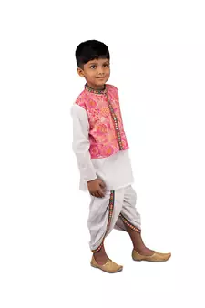 Kurta with attached Floral Jacket and white dhoti with a beautiful mirror work lace  Pink