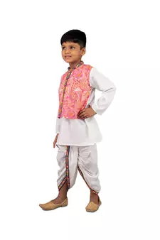 Kurta with attached Floral Jacket and white dhoti with a beautiful mirror work lace  Pink