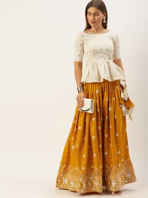 Mustard & Off White Semi-Stitched Lehenga & Unstitched 1