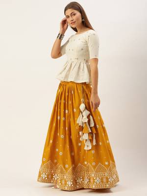 Mustard & Off White Semi-Stitched Lehenga & Unstitched 2