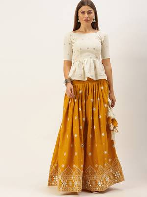Mustard & Off White Semi-Stitched Lehenga & Unstitched 4