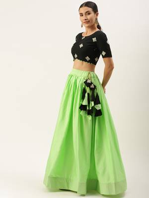 Lime Green & Black Semi-Stitched Lehenga & Unstitched 2