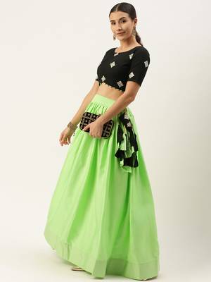 Lime Green & Black Semi-Stitched Lehenga & Unstitched 4