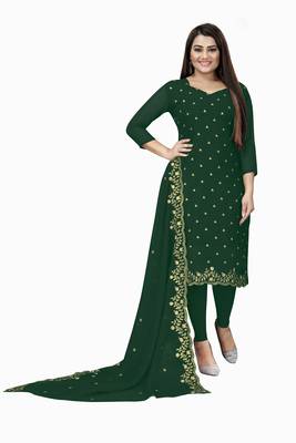 Kimisha Women's Bottle Green Georgette Embroidered Work Unstitched Dress Material  1