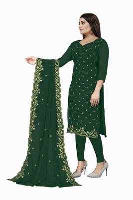 Kimisha Women's Bottle Green Georgette Embroidered Work Unstitched Dress Material  4