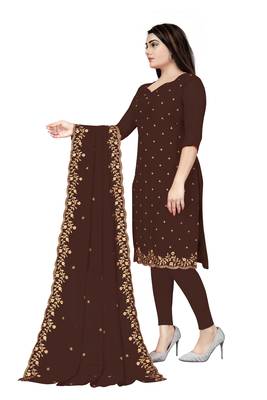 Kimisha Women's Brown Georgette Embroidered Work Unstitched Dress Material  3