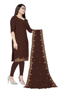 Kimisha Women's Brown Georgette Embroidered Work Unstitched Dress Material  4