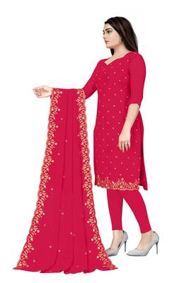 Kimisha Women's Dark Pink Georgette Embroidered Work Unstitched Dress Material  3