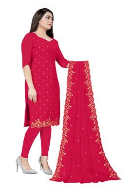 Kimisha Women's Dark Pink Georgette Embroidered Work Unstitched Dress Material  4