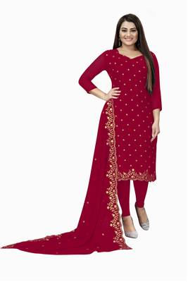 Kimisha Women's Dark Red Georgette Embroidered Work Unstitched Dress Material  1