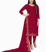 Kimisha Women's Dark Red Georgette Embroidered Work Unstitched Dress Material 