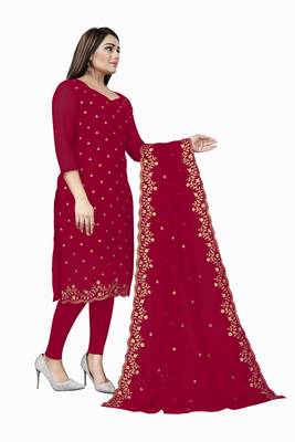 Kimisha Women's Dark Red Georgette Embroidered Work Unstitched Dress Material  3