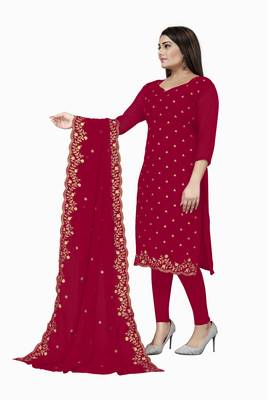 Kimisha Women's Dark Red Georgette Embroidered Work Unstitched Dress Material  4