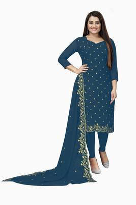 Kimisha Women's Dark Teal Georgette Embroidered Work Unstitched Dress Material  1