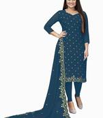Kimisha Women's Dark Teal Georgette Embroidered Work Unstitched Dress Material 