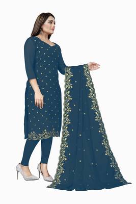 Kimisha Women's Dark Teal Georgette Embroidered Work Unstitched Dress Material  3